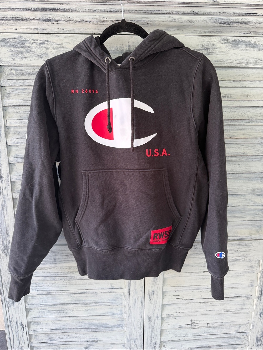 Mens Champion Black Reverse Weave RWSS MCMXIX Heavyweight Hoodie Sz S